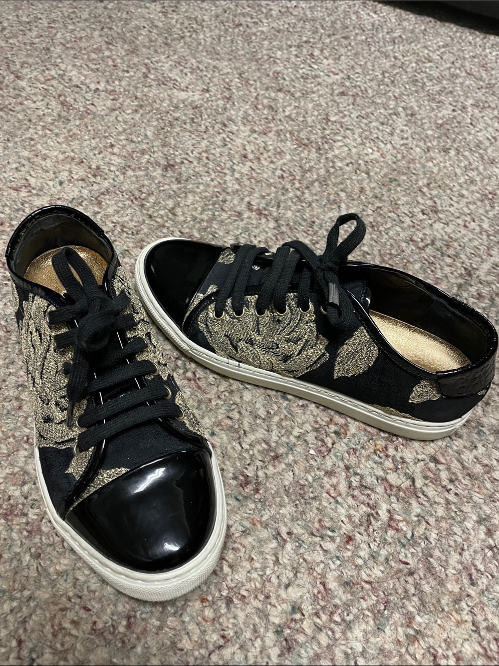 Carolina Herrera Black leather gold floral lace accents Women's Lace-Up Sneakers